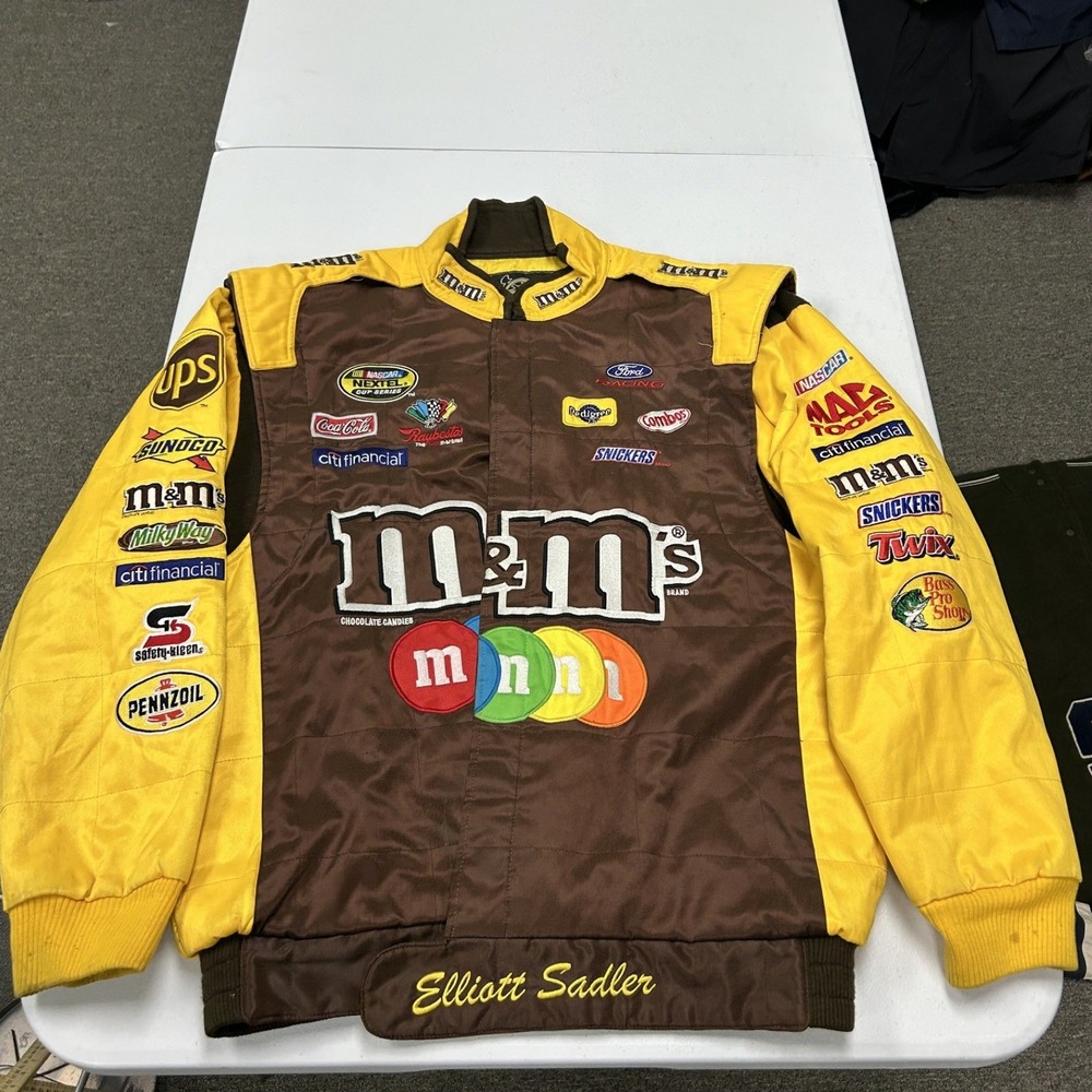 Chase authentic NASCAR Racing Jacket Mens L Brown Yellow M&Ms Elliott Sadler